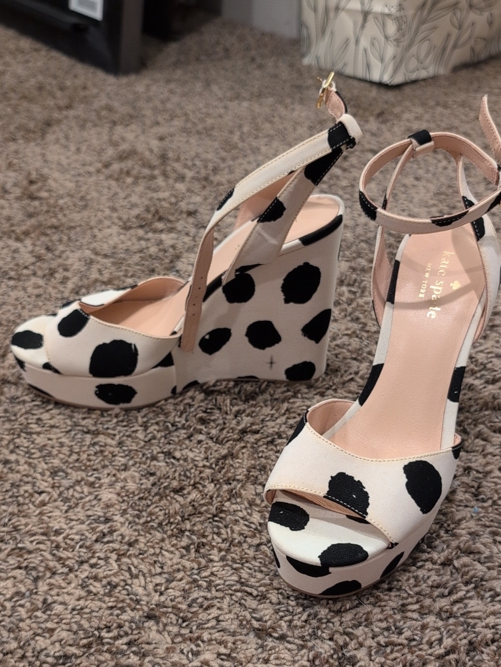 kate spade Black and Ivory Polka Dot Wedge Sandals